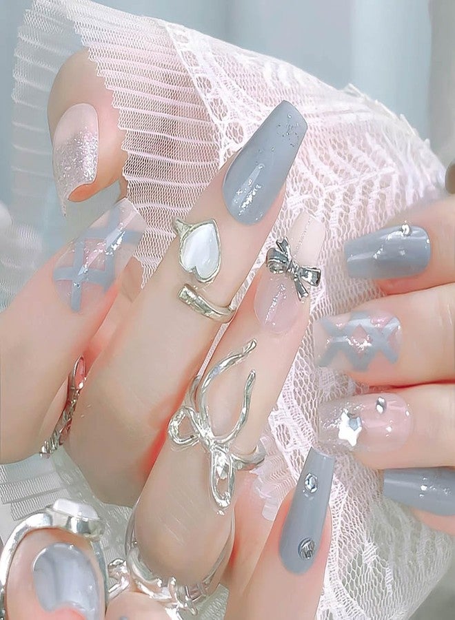 RikView Coffin Press on Nails Long Fake Nails Blue Nails with Design Glossy Full Cover Nails for Women 24 PCs/Set - Image 1
